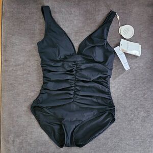 Contours Women's Black V-Neck Bra Sized Underwire 1-Piece Swimsuit Size 16